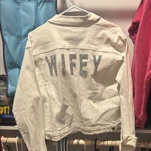 Forever 21 Cream Jean Jacket with Silver Lettering